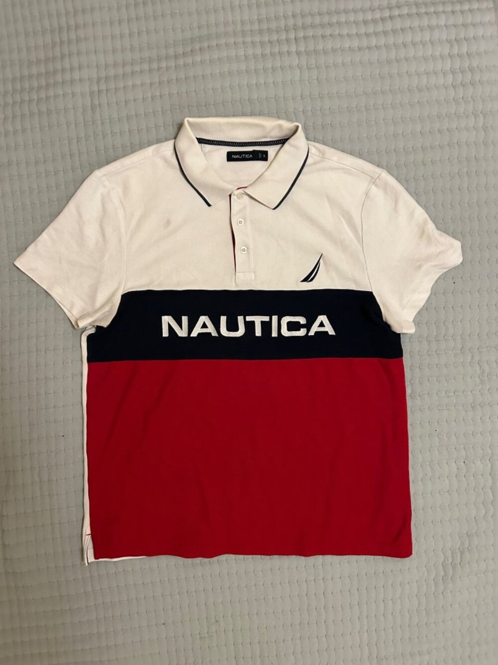 Nautica Colorblock Polo Cream Navy Red Spellout XL